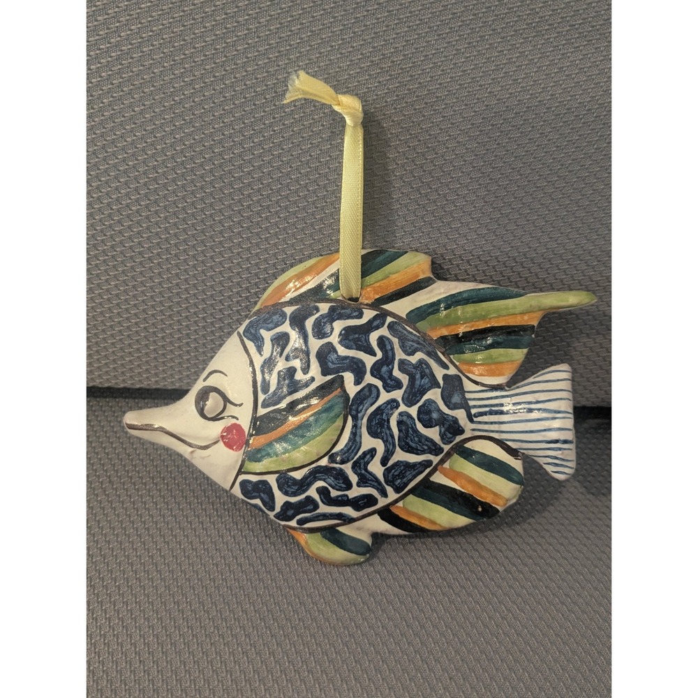 VTG Hand Painted Ceramic Fish Ornament Wall Decor Signed Artisan Tropics Coastal